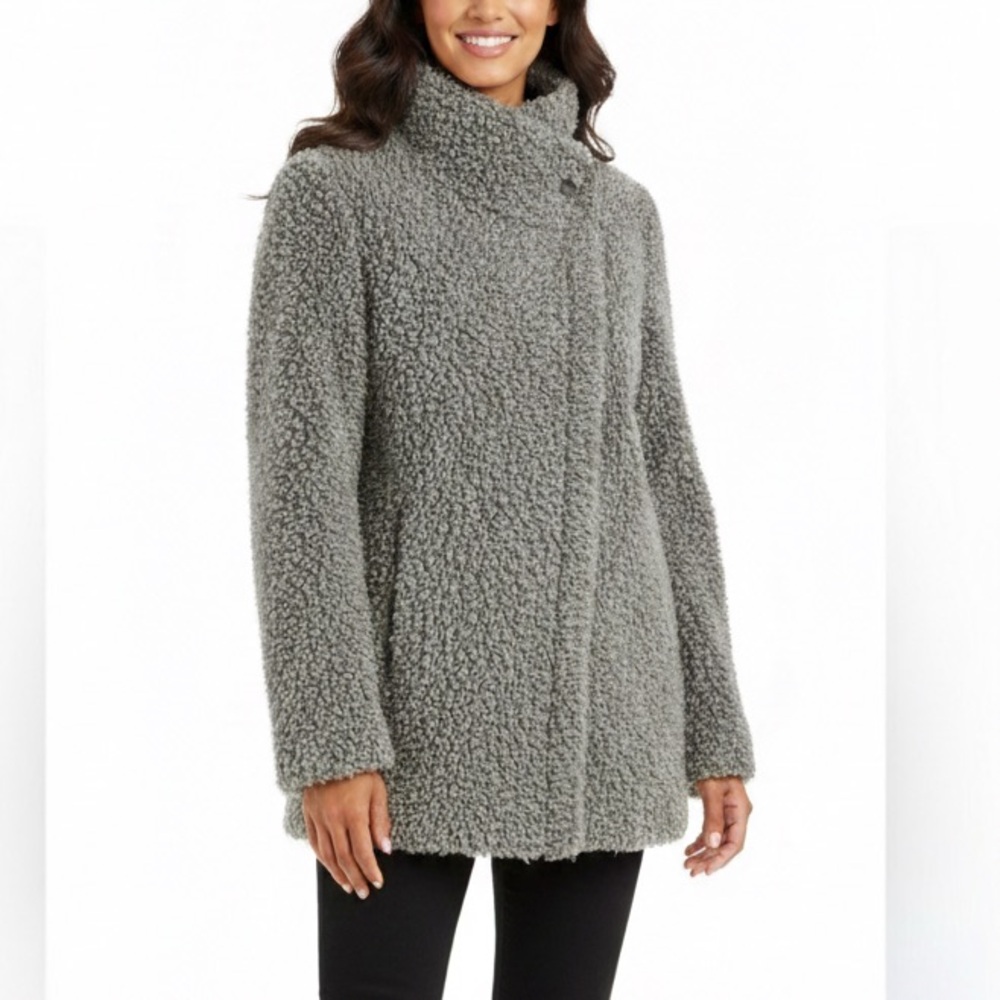 Faux Fur Biker Teddy Jacket Coat Grey Asymmetrical zipper
